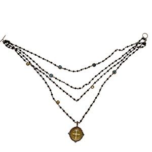 Virgin Saints & Angels 3 strand black beads w/brass relig medals &sapphire 21”L